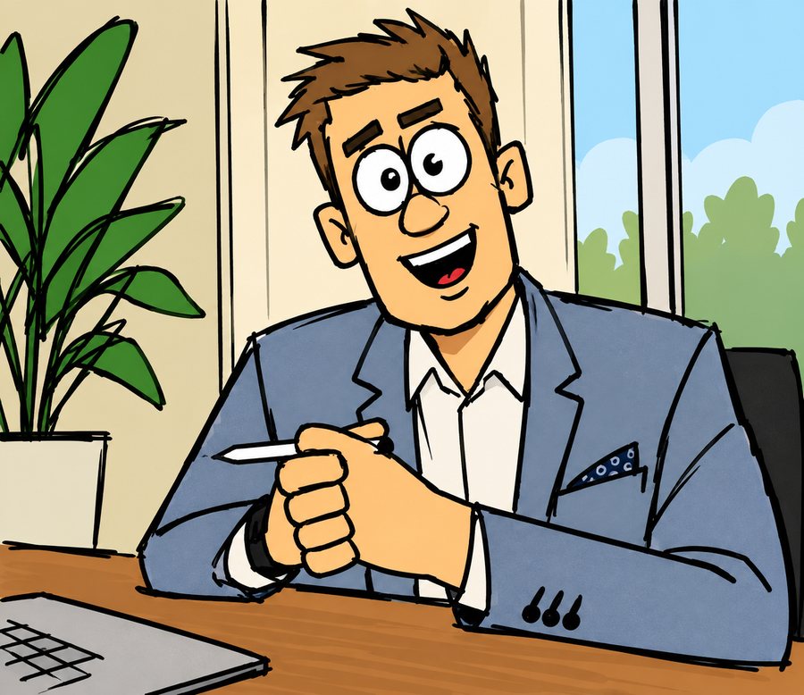 Cartoon of Dave Bolt at his desk in a blue jacket, pen in hand, grinning and ready to help